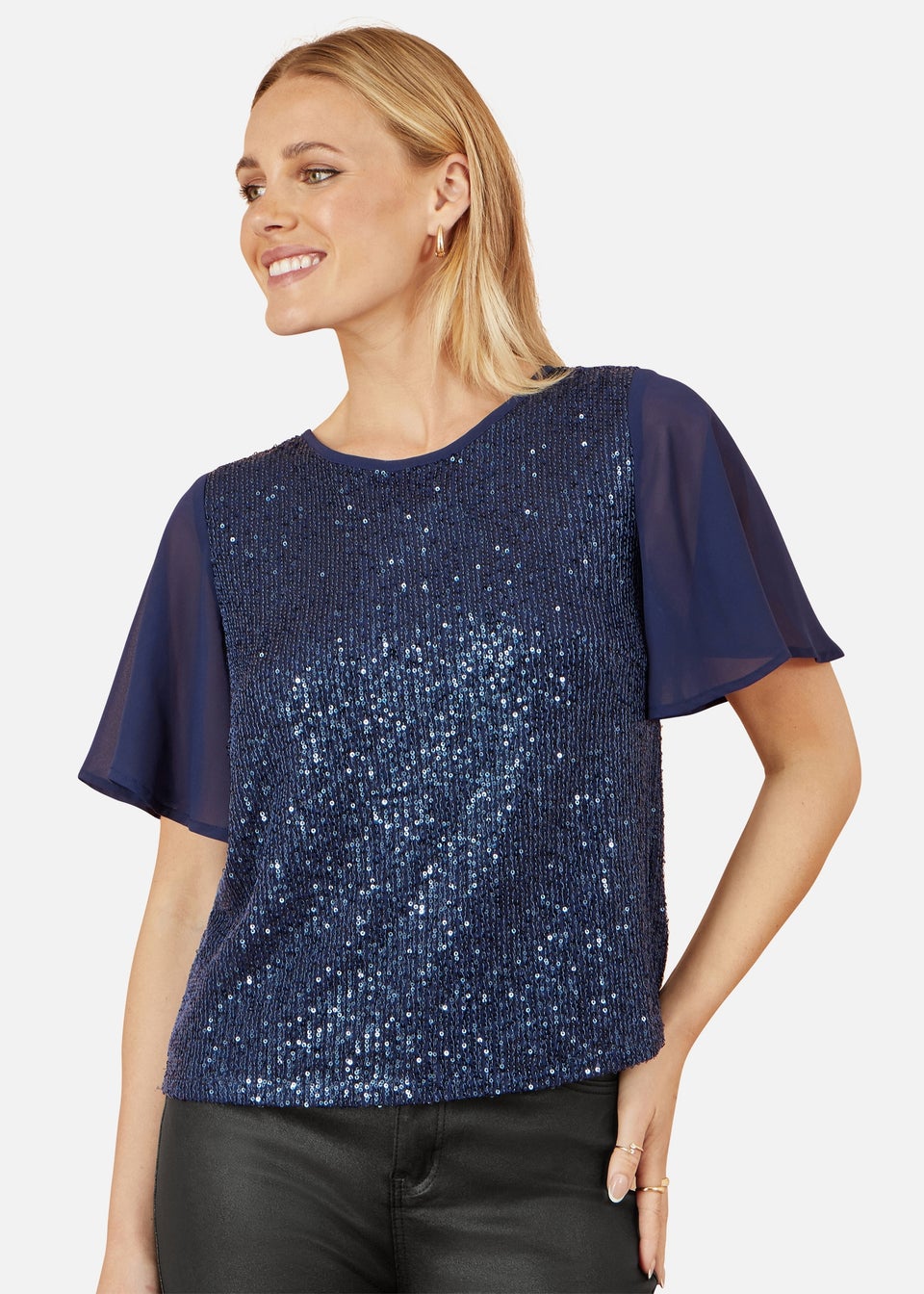 Yumi Navy Sequin Top With Sheer Sleeves & Cut Out Back