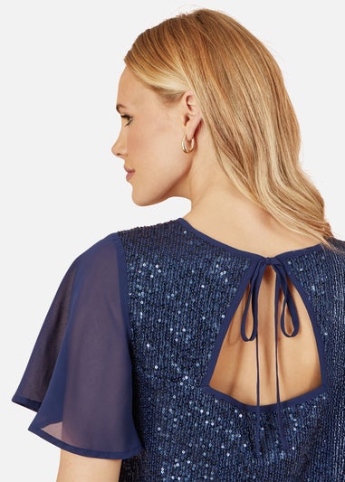 Yumi Navy Sequin Top With Sheer Sleeves & Cut Out Back