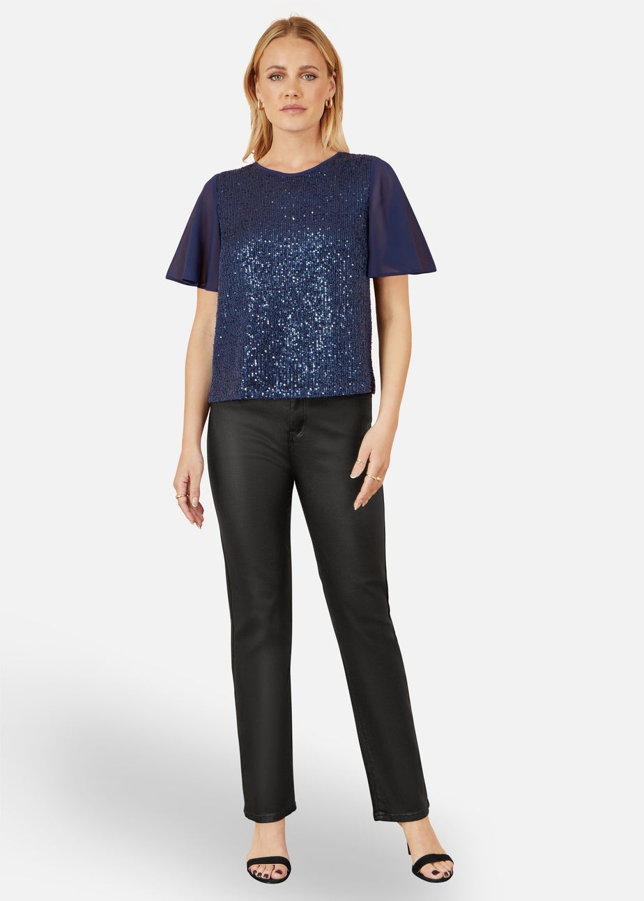 Yumi Navy Sequin Top With Sheer Sleeves & Cut Out Back