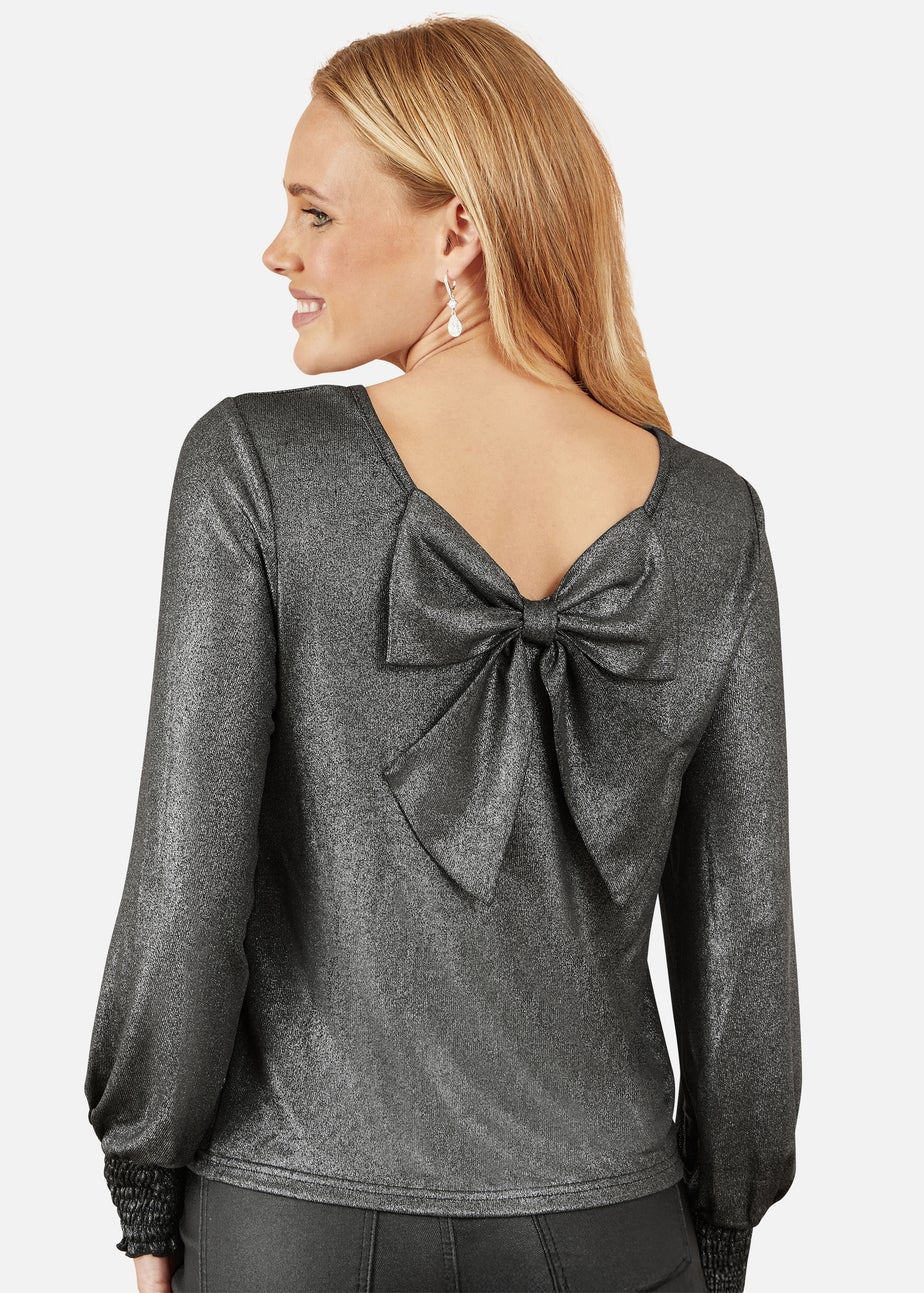 Yumi Black Metallic Bow Back Top