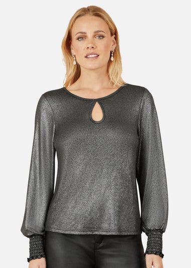 Yumi Black Metallic Bow Back Top