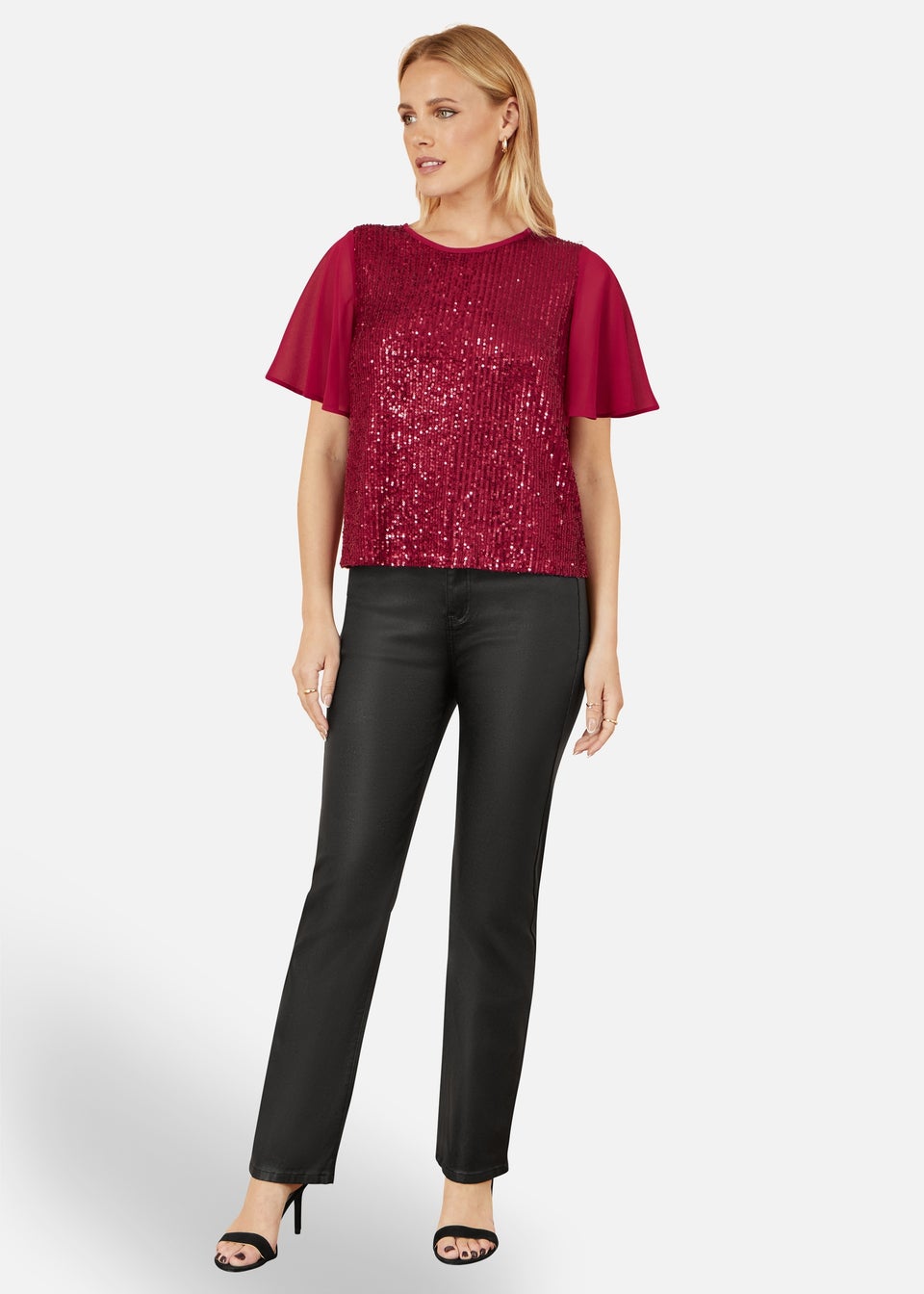 Yumi Burgundy Sequin Top With Sheer Sleeves & Cut Out Back