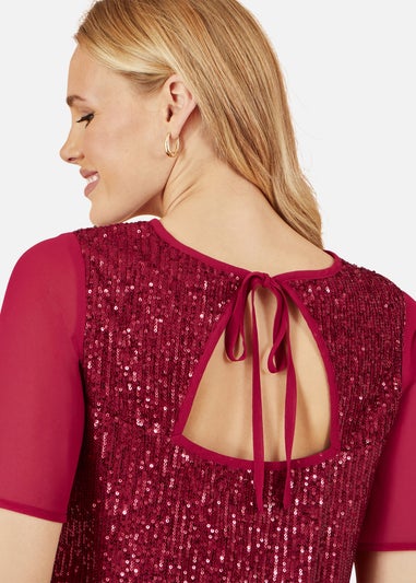 Yumi Burgundy Sequin Top With Sheer Sleeves & Cut Out Back