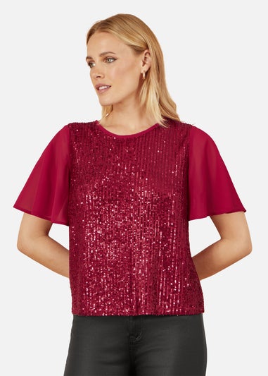 Yumi Burgundy Sequin Top With Sheer Sleeves & Cut Out Back