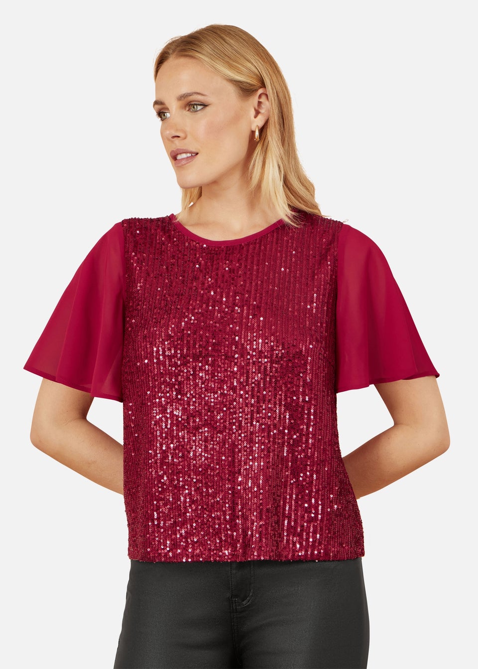 Yumi Burgundy Sequin Top With Sheer Sleeves & Cut Out Back