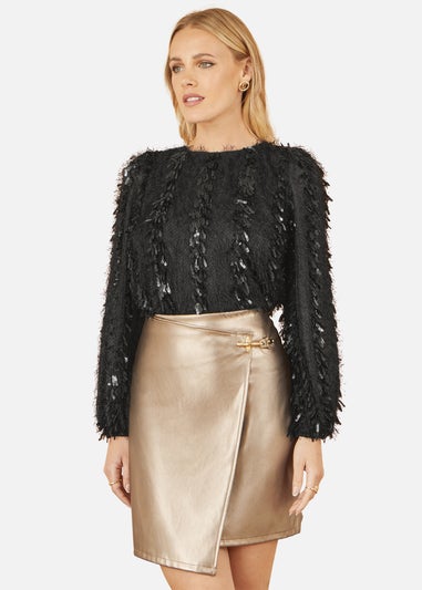 Yumi Black Hanging Sequin Long Sleeve Top