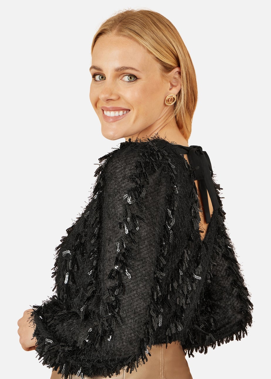Yumi Black Hanging Sequin Long Sleeve Top