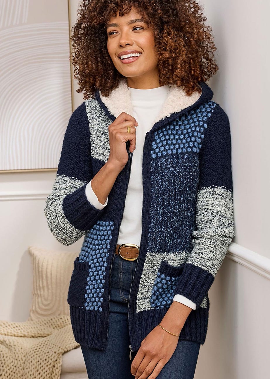 Cotton Traders Dark Blue Hooded Knitted Zip Cardigan