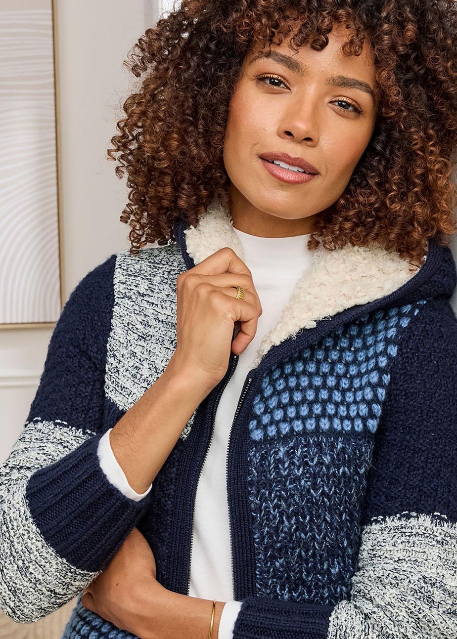 Cotton Traders Dark Blue Hooded Knitted Zip Cardigan