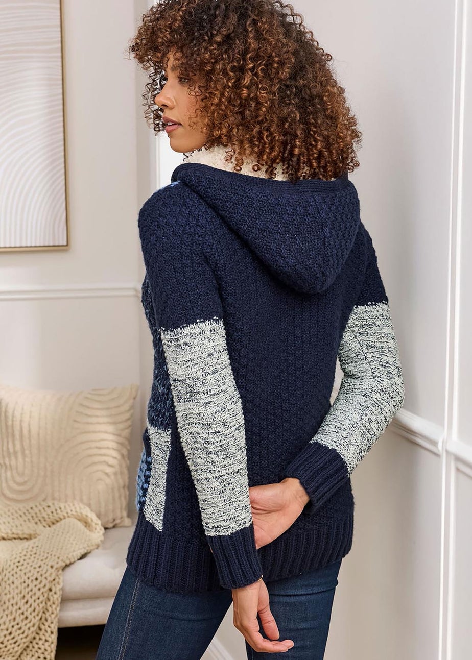 Cotton Traders Dark Blue Hooded Knitted Zip Cardigan