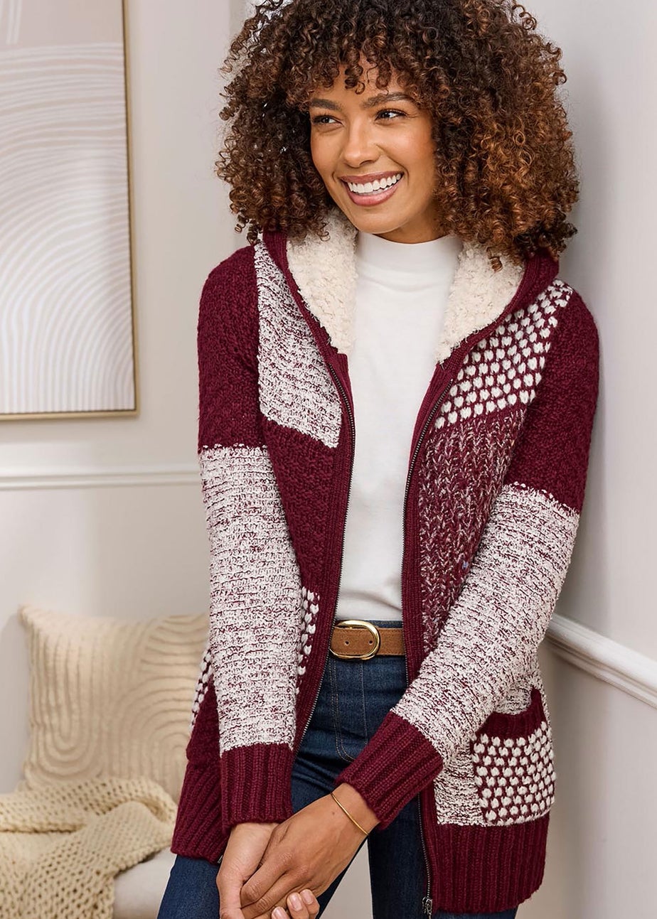 Cotton Traders Burgandy Hooded Knitted Zip Cardigan