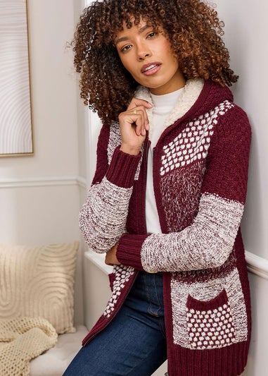 Cotton Traders Burgandy Hooded Knitted Zip Cardigan