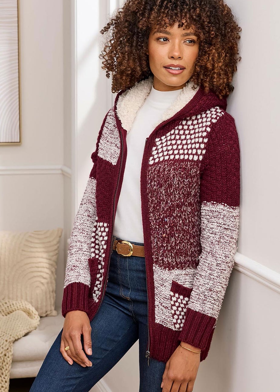 Cotton Traders Burgandy Hooded Knitted Zip Cardigan