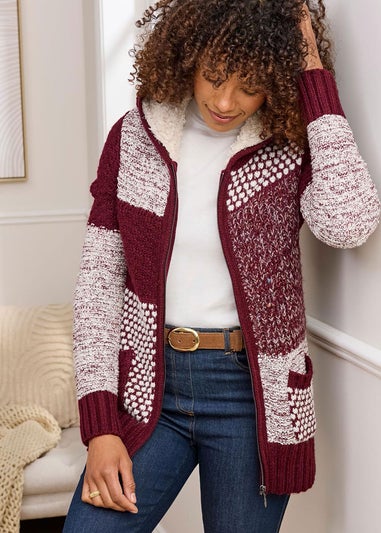 Cotton Traders Burgandy Hooded Knitted Zip Cardigan