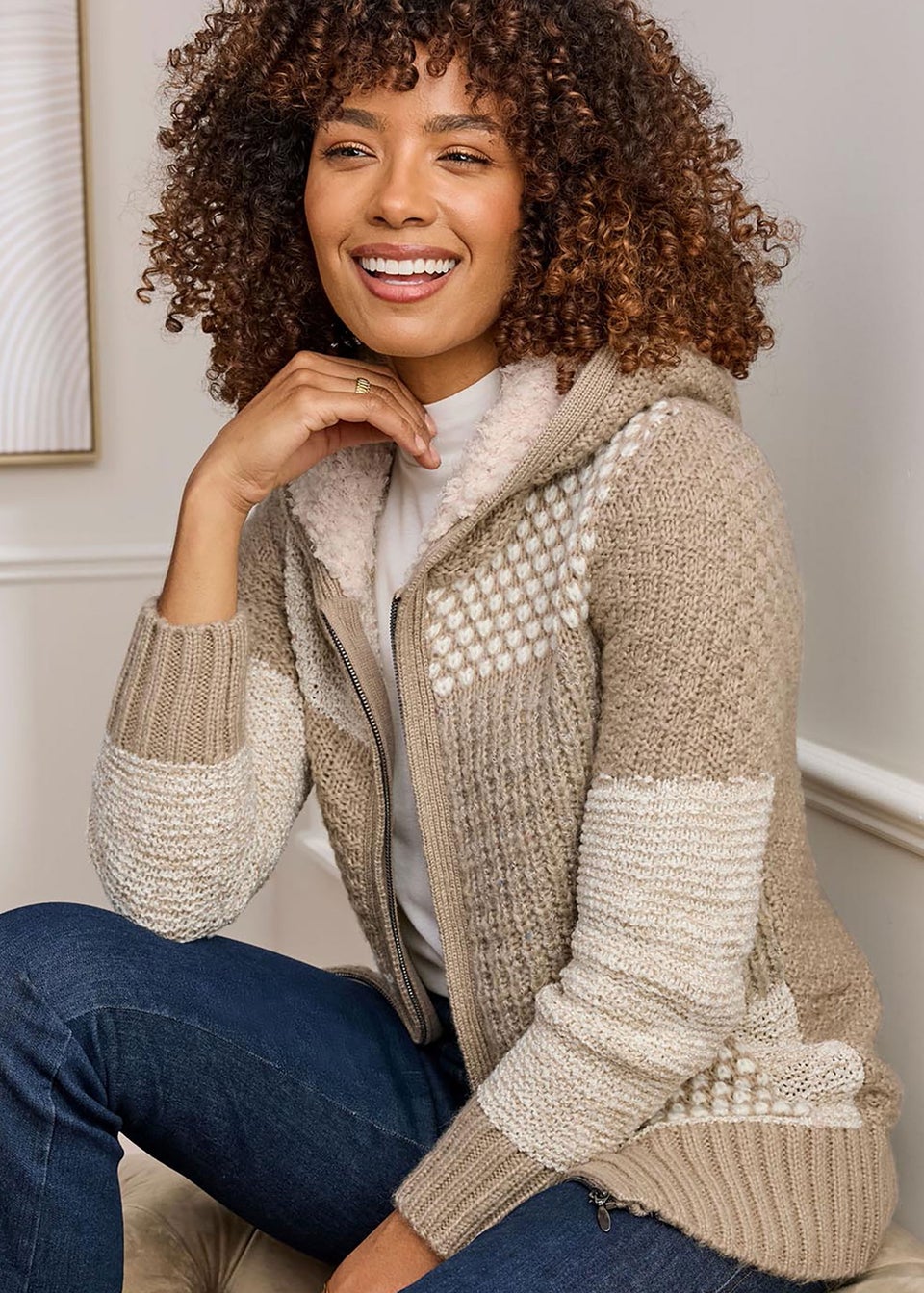 Cotton Traders Linen Hooded Knitted Zip Cardigan