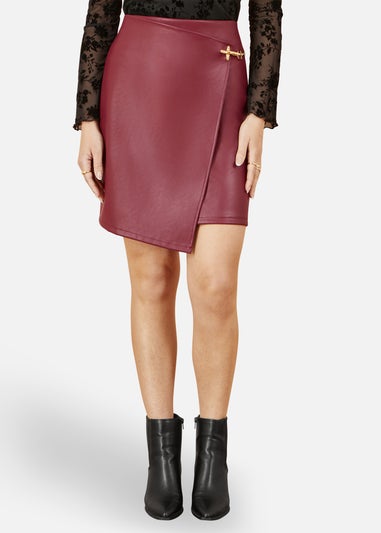 Yumi Burgundy Faux Leather Wrap Mini Skirt
