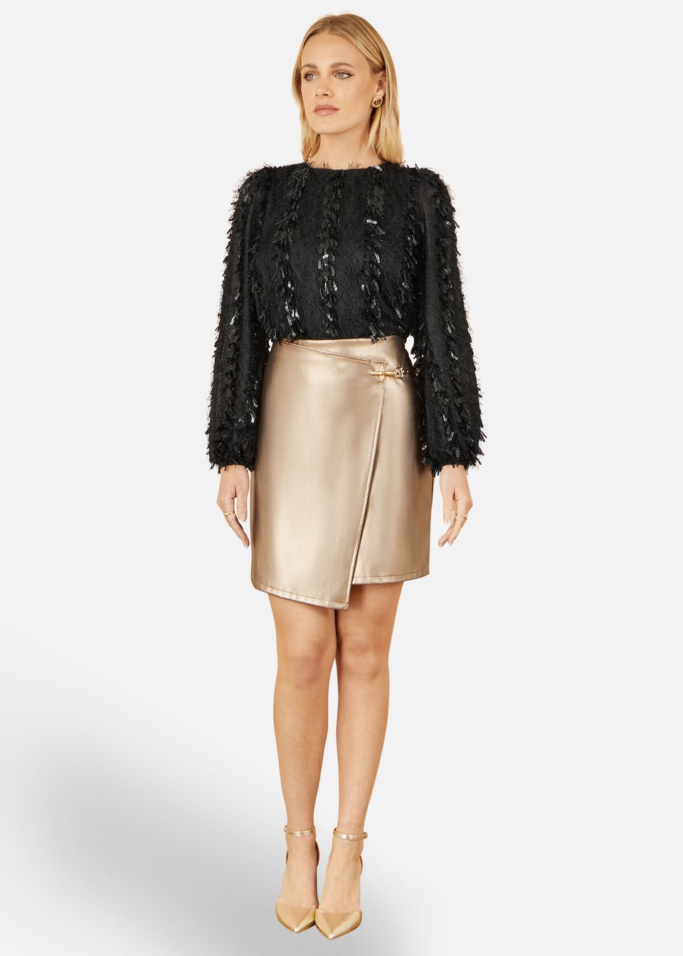 Yumi Gold Faux Leather Wrap Mini Skirt