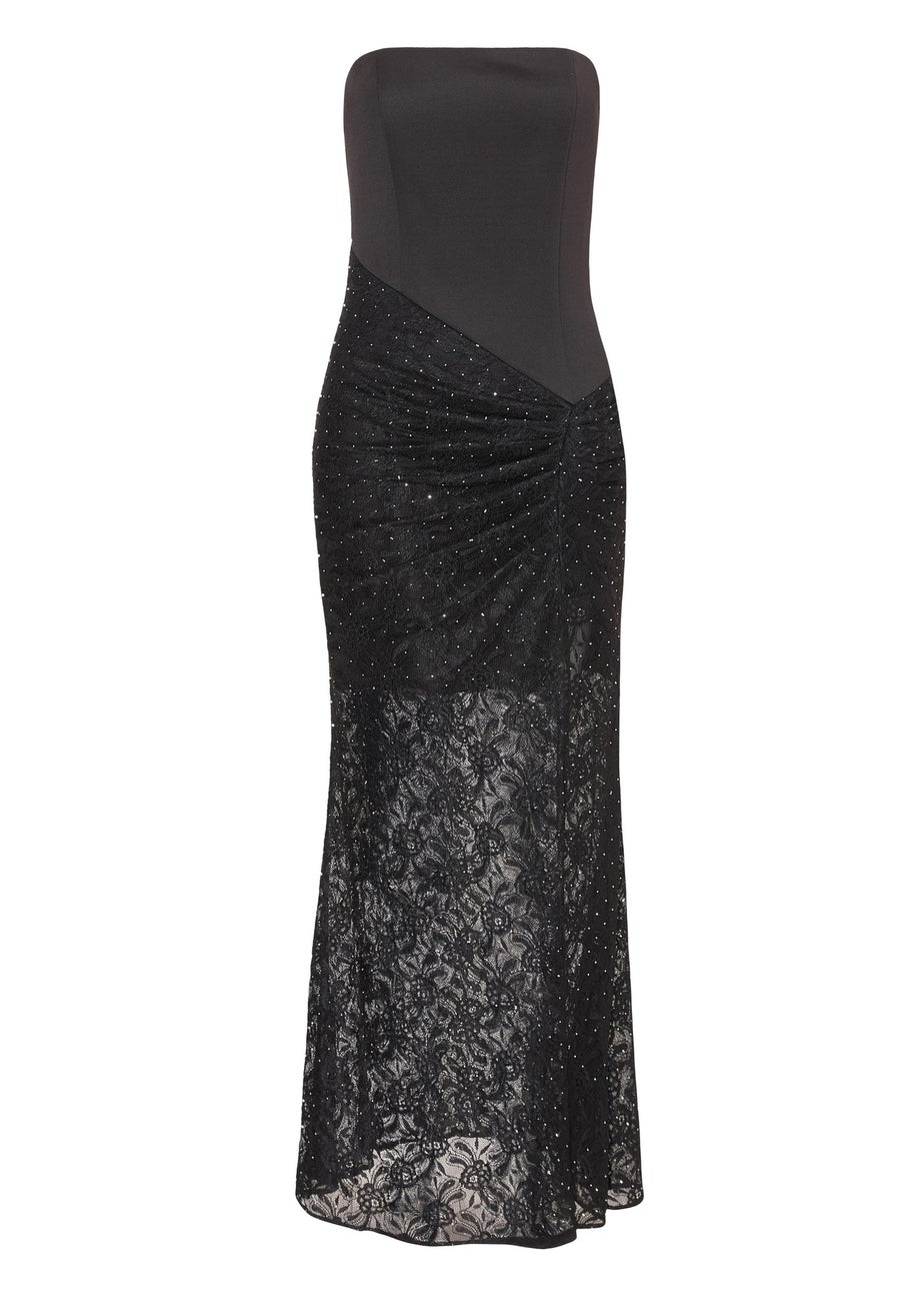 Quiz Black Asymmetric Lace Bandeau Maxi Dress