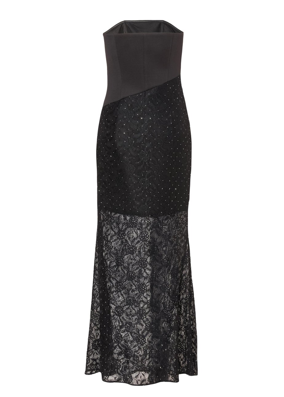 Quiz Black Asymmetric Lace Bandeau Maxi Dress