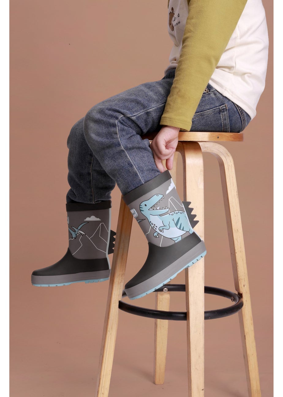 ToeZone Boys Grey Dinosaur Waterproof Wellies