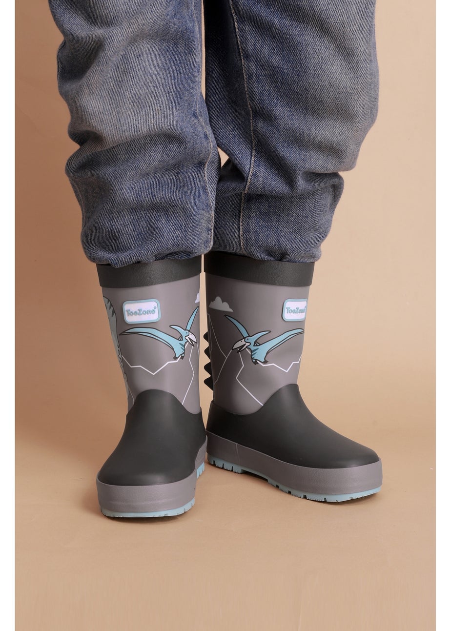 ToeZone Boys Grey Dinosaur Waterproof Wellies