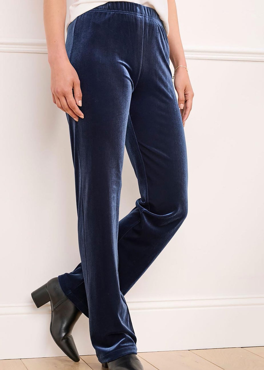 Cotton Traders Dark Blue Velour Straight Leg Pull On Stretch Trousers