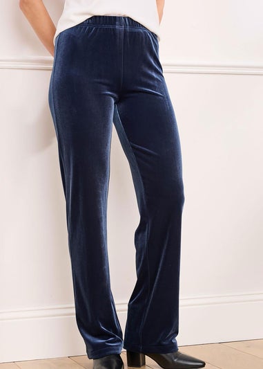 Cotton Traders Dark Blue Velour Straight Leg Pull On Stretch Trousers