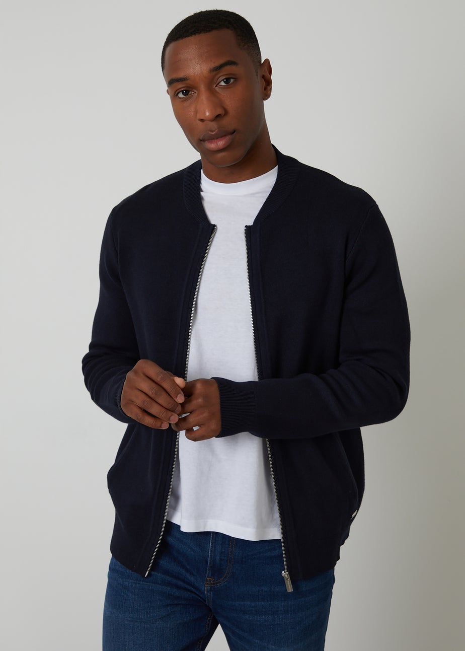 Threadbare Navy Bomber-Style Knitted Zip Through Cardigan
