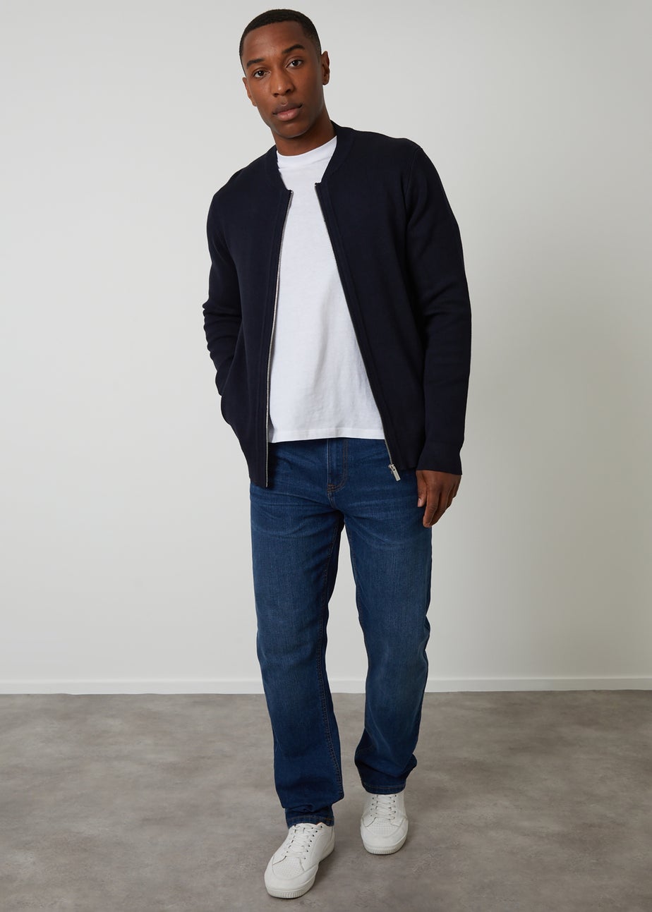 Threadbare Navy Bomber-Style Knitted Zip Through Cardigan