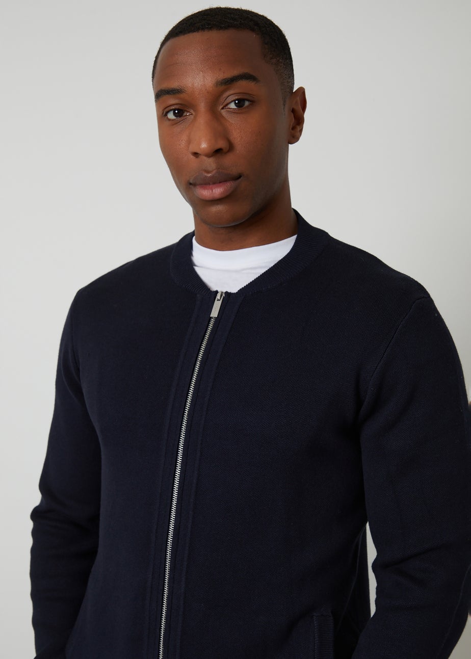Threadbare Navy Bomber-Style Knitted Zip Through Cardigan