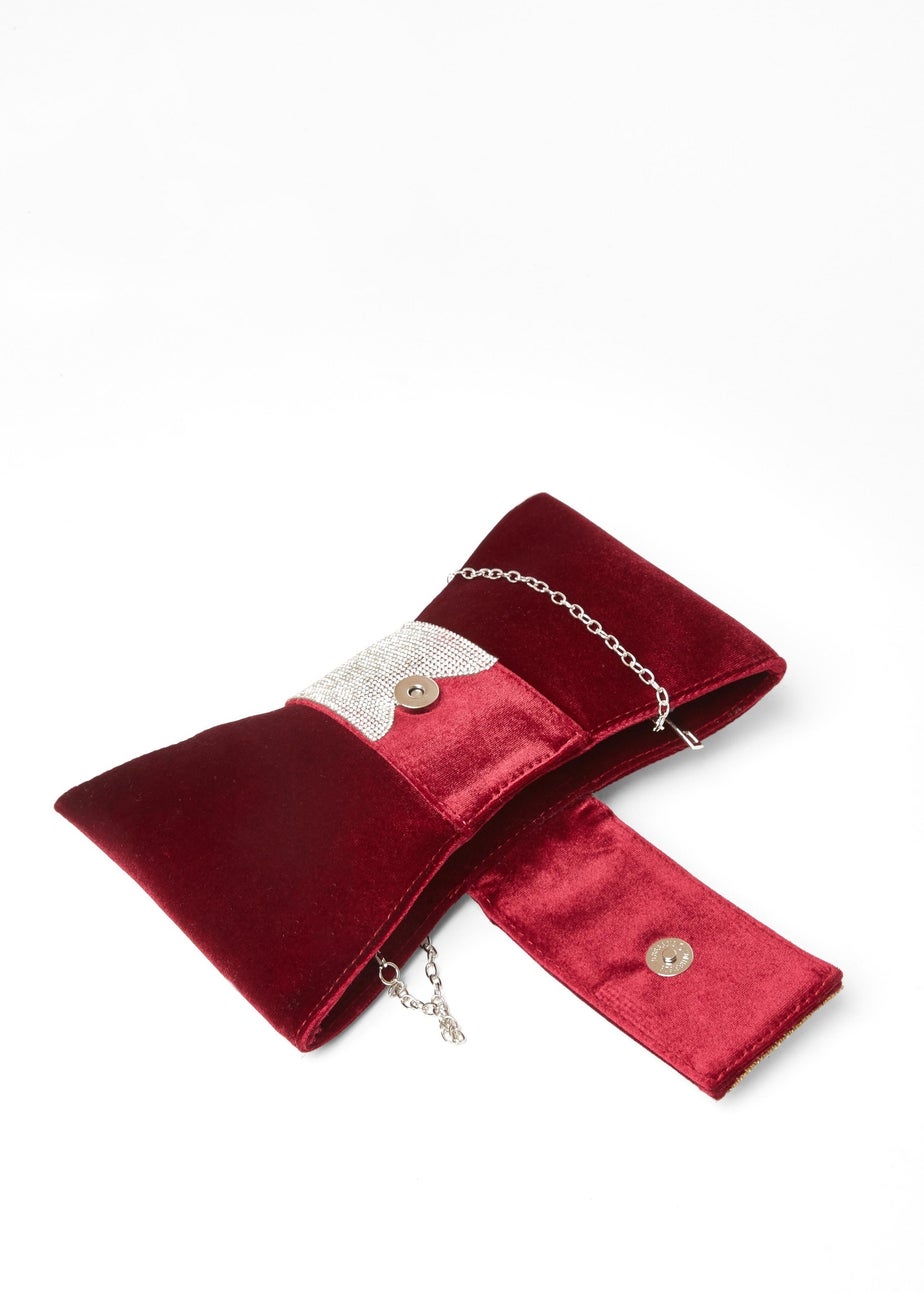 Quiz Burgundy Diamante Bow Clutch Bag