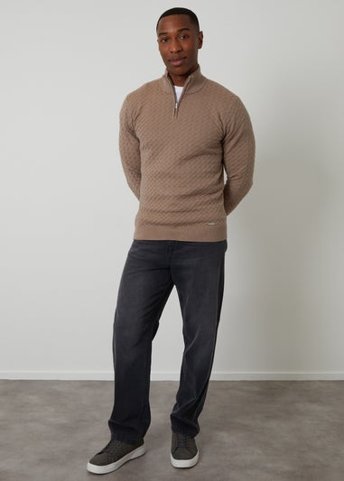 Threadbare Natural Textured Cable Knit Quarter Zip Jumper