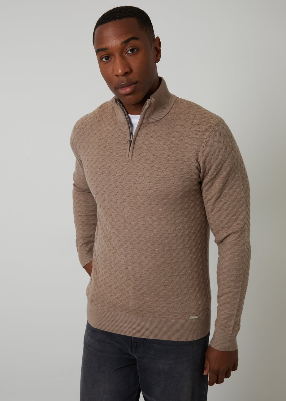Threadbare Natural Textured Cable Knit Quarter Zip Jumper