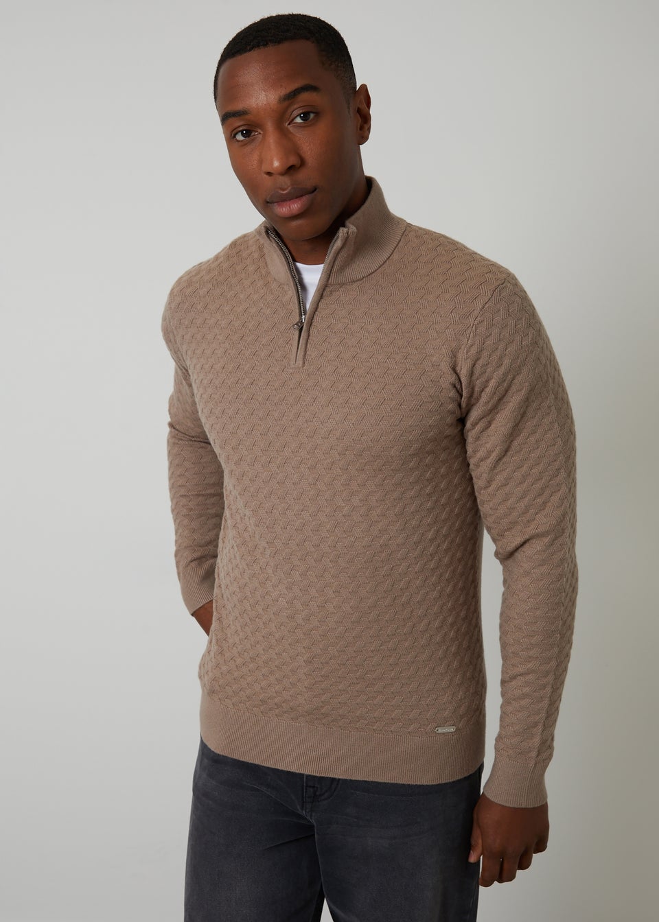 Threadbare Natural Textured Cable Knit Quarter Zip Jumper