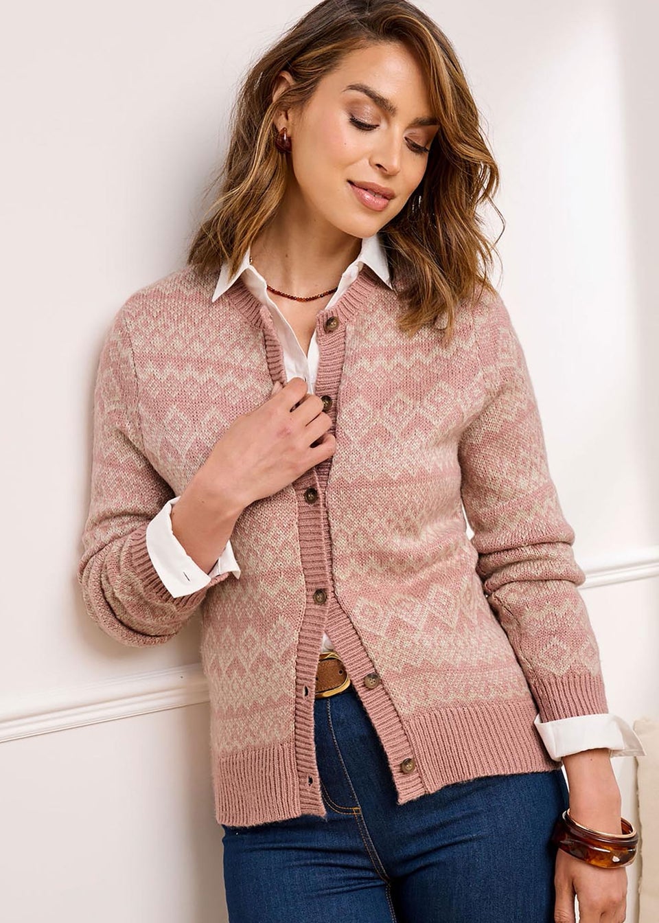 Cotton Traders Rose Pink Fair Isle Cardigan