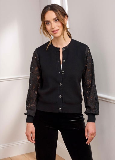 Cotton Traders Black Lace Sleeve Cardigan