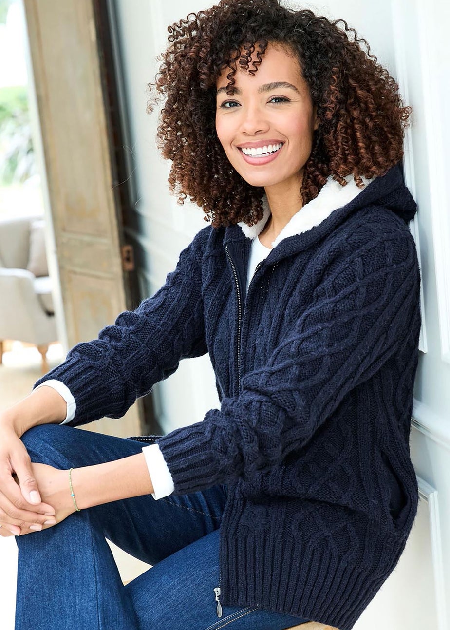 Cotton Traders Dark Blue Cable Hooded Zip Cardigan