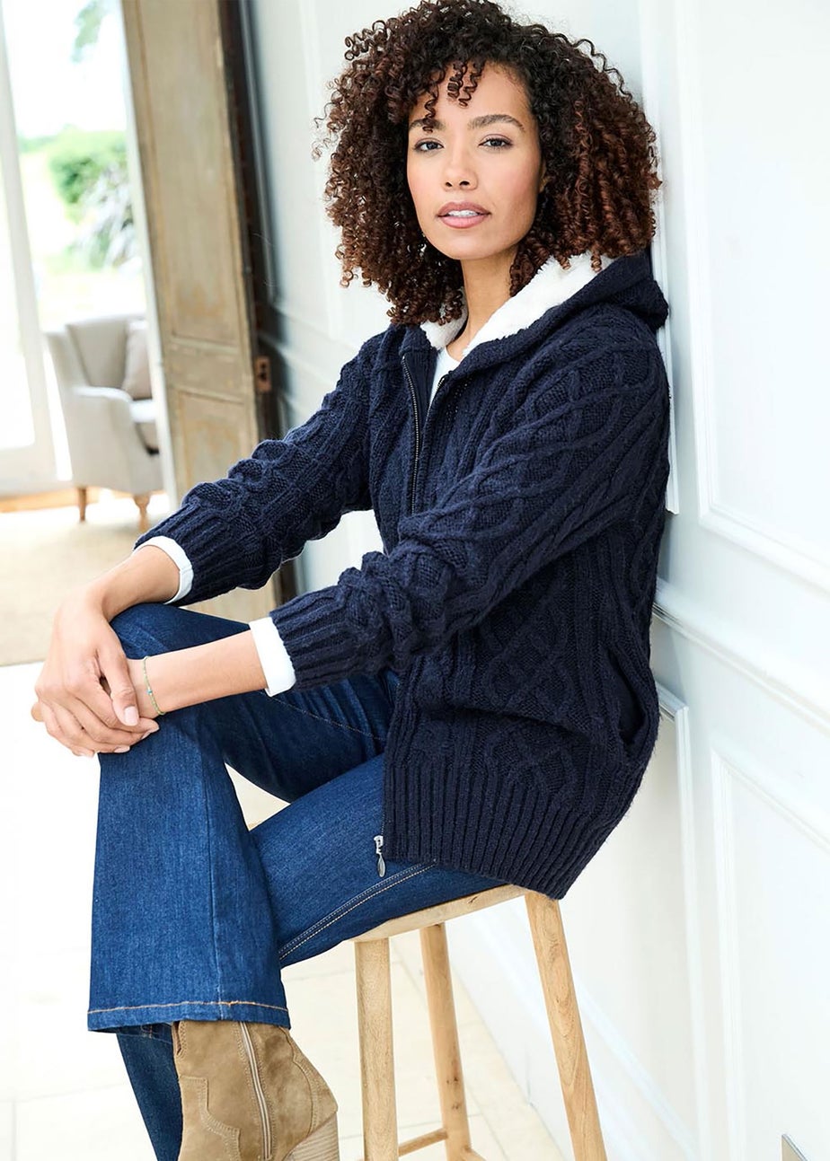 Cotton Traders Dark Blue Cable Hooded Zip Cardigan