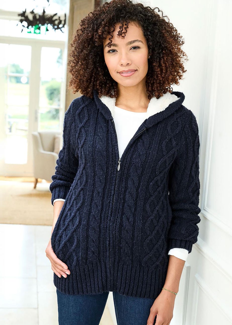 Cotton Traders Dark Blue Cable Hooded Zip Cardigan