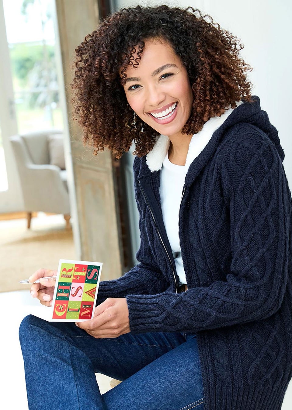 Cotton Traders Dark Blue Cable Hooded Zip Cardigan