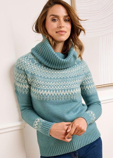 Cotton Traders Mint Fair Isle Relaxed Roll Neck Jumper