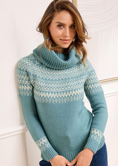 Cotton Traders Mint Fair Isle Relaxed Roll Neck Jumper
