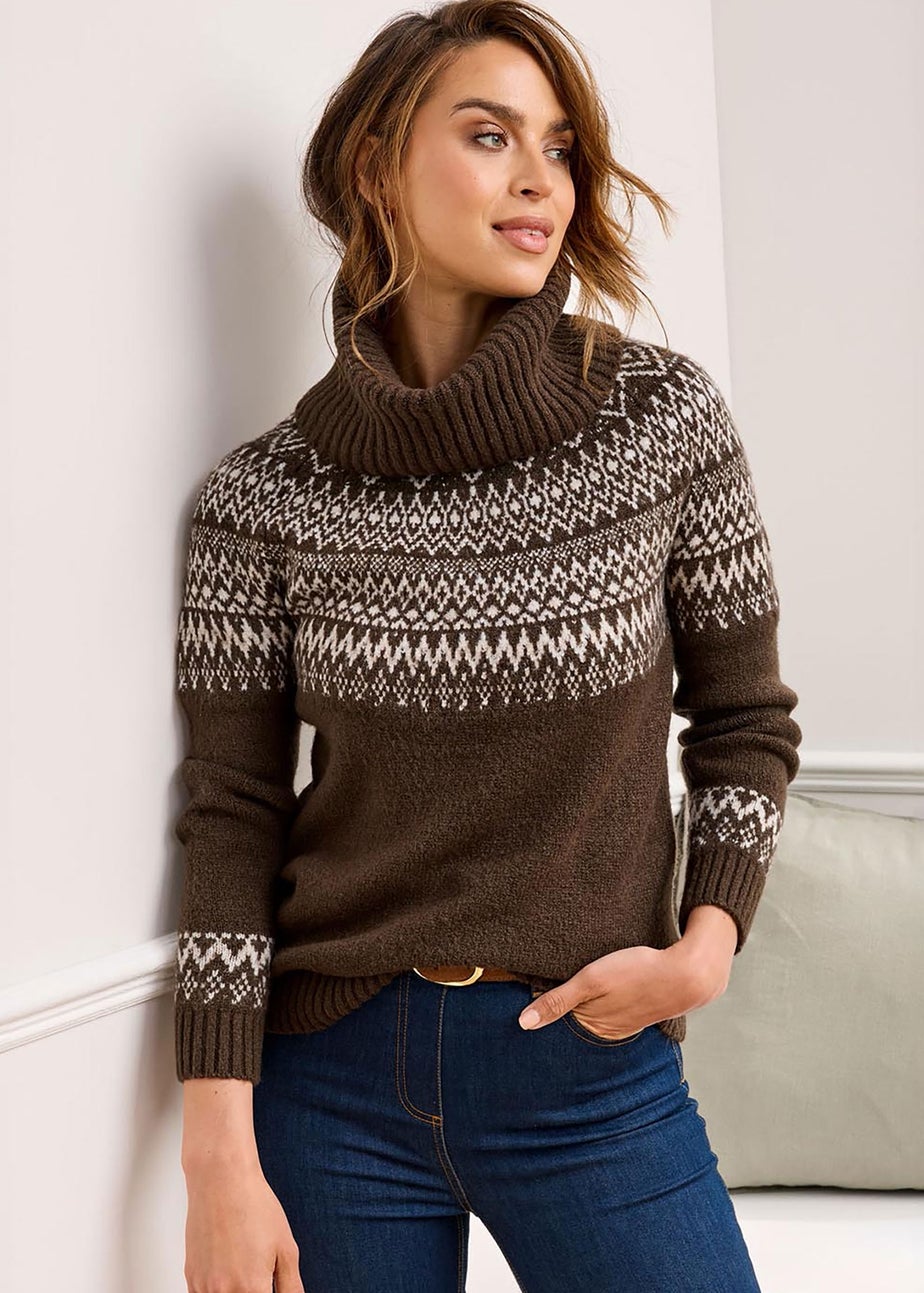 Cotton Traders Cappucino Fair Isle Relaxed Roll Neck Jumper