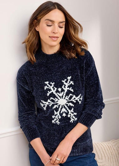 Cotton Traders Dark Blue Chenille Snowflake Jumper