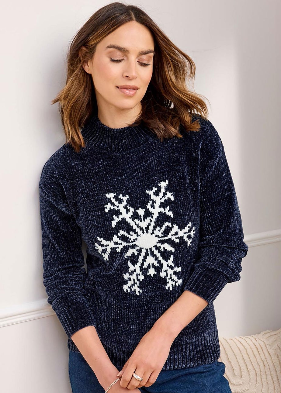 Cotton Traders Dark Blue Chenille Snowflake Jumper