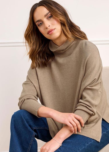Cotton Traders Dark Sand Relaxed Fit Roll Neck Jumper