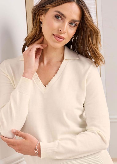 Cotton Traders Warm Cream V-Neck Pearl Trim Jumper
