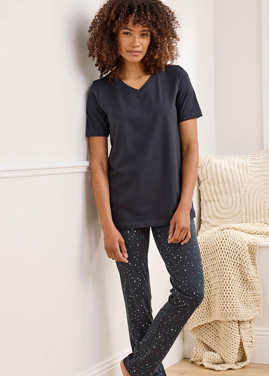 Cotton Traders Charcoal Grey Short Sleeve V Neck Jersey PJ Set