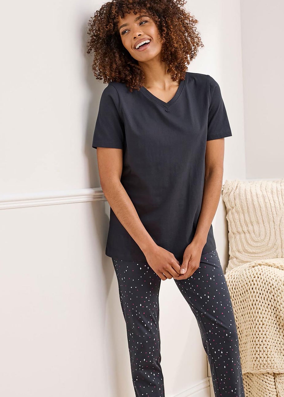 Cotton Traders Charcoal Grey Short Sleeve V Neck Jersey PJ Set