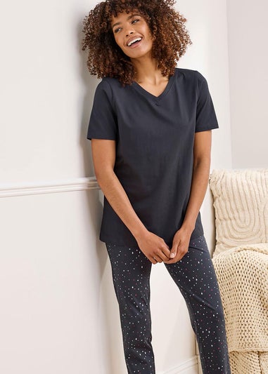 Cotton Traders Charcoal Grey Short Sleeve V Neck Jersey PJ Set